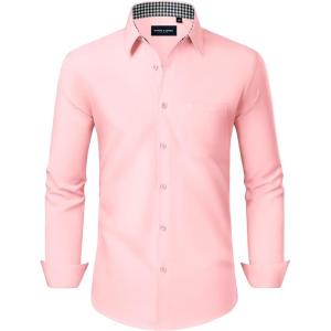 Alimens & Gentle Mens Dress Shirts Long Sleeve Button Down Shirt Men Wrinkle Free Contrast Collar Shirts(Pink)