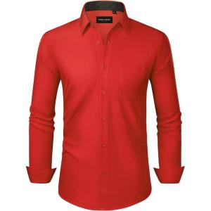 Alimens & Gentle Mens Dress Shirts Long Sleeve Button Down Shirt Men Wrinkle Free Contrast Collar Shirts(Red-black Polka Dots)