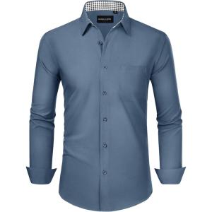 Alimens & Gentle Mens Dress Shirts Long Sleeve Button Down Shirt Men Wrinkle Free Contrast Collar Shirts(Steel Blue)