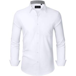 Alimens & Gentle Mens Dress Shirts Long Sleeve Button Down Shirt Men Wrinkle Free Contrast Collar Shirts(White)