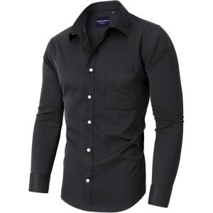 Alimens & Gentle Men’s Dress Shirts Long Sleeve Stretch Shirts Solid Button Down Shirt with Pocket(Contrast Button-1-black)