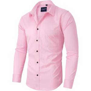 Alimens & Gentle Men’s Dress Shirts Long Sleeve Stretch Shirts Solid Button Down Shirt with Pocket(Contrast Button-pink)