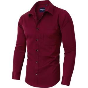Alimens & Gentle Men’s Dress Shirts Long Sleeve Stretch Shirts Solid Button Down Shirt with Pocket(Contrast Button-red)