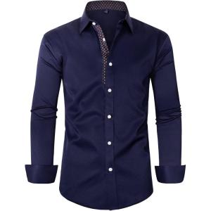 Alimens & Gentle Men’s Dress Shirts Long Sleeve Stretch Wrinkle-Free Business Casual Collar Contrast Button Down Shirt(Navy Blue)