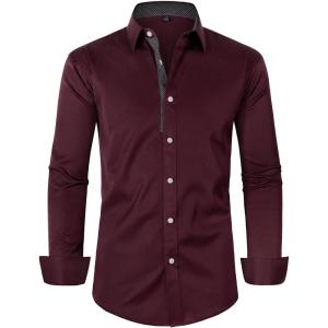 Alimens & Gentle Men’s Dress Shirts Long Sleeve Stretch Wrinkle-Free Business Casual Collar Contrast Button Down Shirt(Wine)