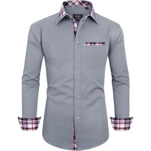 Alimens & Gentle Men’s Dress Shirts Long Sleeve Stretch Wrinkle-Free Regular Fit Business Casual Button Down Shirt(Flex Grey)