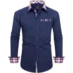 Alimens & Gentle Men’s Dress Shirts Long Sleeve Stretch Wrinkle-Free Regular Fit Business Casual Button Down Shirt(Flex Navy Blue)