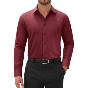 Alimens & Gentle Mens Dress Shirts Long Sleeve Wrinkle Free Stretch Solid Button Down Shirt Casual Wedding Dating Dress Shirt(Burgundy)