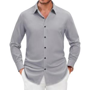 Alimens & Gentle Men’s Dress Shirts Long Sleeve Wrinkle Free Stretch Solid Formal Business Button Down Shirts(Grey)