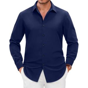 Alimens & Gentle Men’s Dress Shirts Long Sleeve Wrinkle Free Stretch Solid Formal Business Button Down Shirts(Navy Blue)