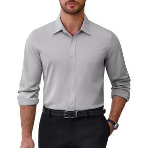 Alimens & Gentle Mens Dress Shirts Stretch Solid Wrinkle Free Button Down Shirt Casual Business Wedding Button Up Shirt(Light Grey)
