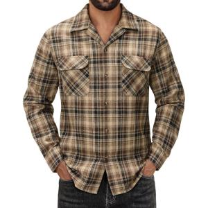 Alimens & Gentle Mens Flannel Shirts Long Sleeve Casual Plaid Button Down Shirt Jacket Work Daily Shackets with Pockets(Brown)