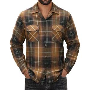Alimens & Gentle Mens Flannel Shirts Long Sleeve Casual Plaid Button Down Shirt Jacket Work Daily Shackets with Pockets(Coffee Brown)