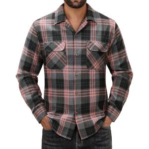Alimens & Gentle Mens Flannel Shirts Long Sleeve Casual Plaid Button Down Shirt Jacket Work Daily Shackets with Pockets(Pink Grey)