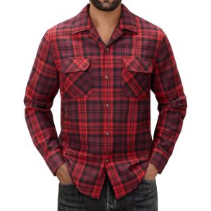 Alimens & Gentle Mens Flannel Shirts Long Sleeve Casual Plaid Button Down Shirt Jacket Work Daily Shackets with Pockets(Red Black)