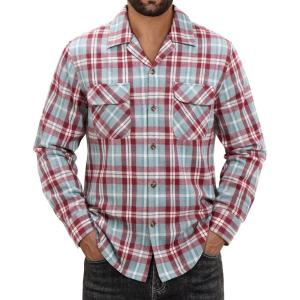 Alimens & Gentle Mens Flannel Shirts Long Sleeve Casual Plaid Button Down Shirt Jacket Work Daily Shackets with Pockets(Red Blue)