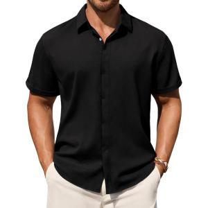 Alimens & Gentle Mens Linen Shirt Short Sleeve Button Down Shirt Casual Summer Beach Vacation Wedding Shirts(Black)