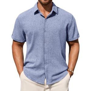 Alimens & Gentle Mens Linen Shirt Short Sleeve Button Down Shirt Casual Summer Beach Vacation Wedding Shirts(Blue)