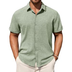 Alimens & Gentle Mens Linen Shirt Short Sleeve Button Down Shirt Casual Summer Beach Vacation Wedding Shirts(Green)