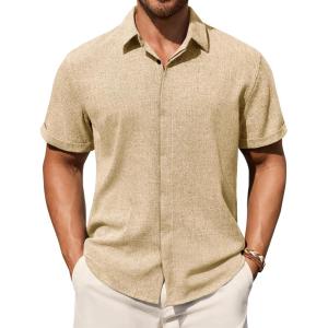 Alimens & Gentle Mens Linen Shirt Short Sleeve Button Down Shirt Casual Summer Beach Vacation Wedding Shirts(Khaki)
