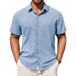 Alimens & Gentle Mens Linen Shirt Short Sleeve Button Down Shirt Casual Summer Beach Vacation Wedding Shirts(Light Blue)