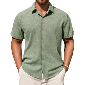 Alimens & Gentle Mens Linen Shirt Short Sleeve Button Down Shirt Casual Summer Beach Vacation Wedding Shirts(Olive Green)