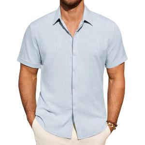 Alimens & Gentle Mens Linen Shirt Short Sleeve Button Down Shirt Casual Summer Beach Vacation Wedding Shirts(Sky Blue)
