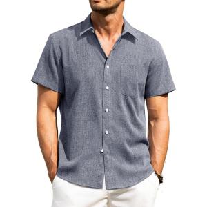 Alimens & Gentle Mens Linen Shirts Short Sleeve Button Down Shirts Wrinkle Free Casual Vacation Beach Summer Tops(Blue)