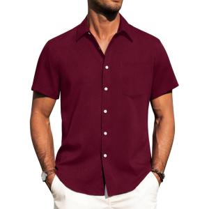 Alimens & Gentle Mens Linen Shirts Short Sleeve Button Down Shirts Wrinkle Free Casual Vacation Beach Summer Tops(Burgundy)