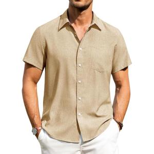 Alimens & Gentle Mens Linen Shirts Short Sleeve Button Down Shirts Wrinkle Free Casual Vacation Beach Summer Tops(Khaki)
