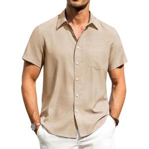 Alimens & Gentle Mens Linen Shirts Short Sleeve Button Down Shirts Wrinkle Free Casual Vacation Beach Summer Tops(Light Khaki)