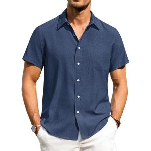 Alimens & Gentle Mens Linen Shirts Short Sleeve Button Down Shirts Wrinkle Free Casual Vacation Beach Summer Tops(Navy Blue)