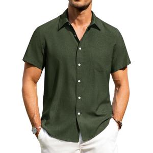 Alimens & Gentle Mens Linen Shirts Short Sleeve Button Down Shirts Wrinkle Free Casual Vacation Beach Summer Tops(Olive Green)