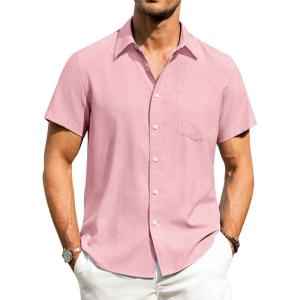 Alimens & Gentle Mens Linen Shirts Short Sleeve Button Down Shirts Wrinkle Free Casual Vacation Beach Summer Tops(Pink)