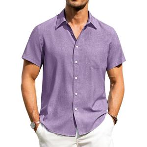 Alimens & Gentle Mens Linen Shirts Short Sleeve Button Down Shirts Wrinkle Free Casual Vacation Beach Summer Tops(Purple)