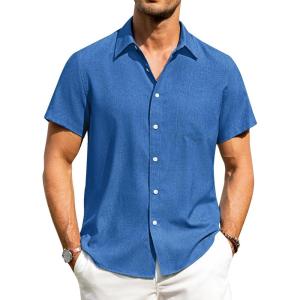 Alimens & Gentle Mens Linen Shirts Short Sleeve Button Down Shirts Wrinkle Free Casual Vacation Beach Summer Tops(Royal Blue)