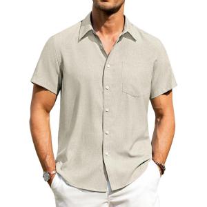 Alimens & Gentle Mens Linen Shirts Short Sleeve Button Down Shirts Wrinkle Free Casual Vacation Beach Summer Tops(Tan)