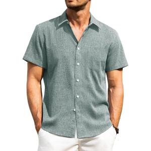 Alimens & Gentle Mens Linen Shirts Short Sleeve Button Down Shirts Wrinkle Free Casual Vacation Beach Summer Tops(Teal)