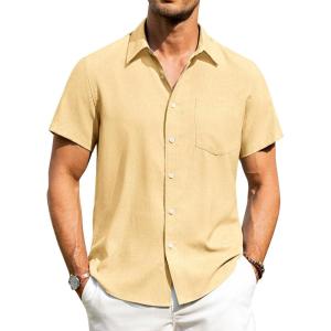 Alimens & Gentle Mens Linen Shirts Short Sleeve Button Down Shirts Wrinkle Free Casual Vacation Beach Summer Tops(Yellow)