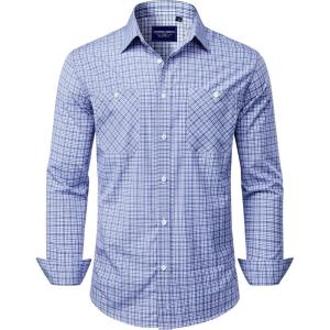 Alimens & Gentle Mens Long Sleeve Dress Shirt Button Down Shirts with Pockets Regular Business Office Casual Plaid Shirt(Blue White Gingham)
