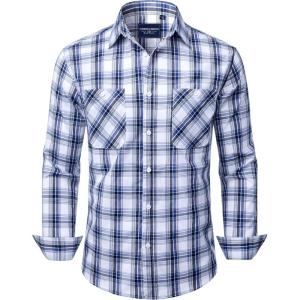 Alimens & Gentle Mens Long Sleeve Dress Shirt Button Down Shirts with Pockets Regular Business Office Casual Plaid Shirt(Navy Blue White Plaid)