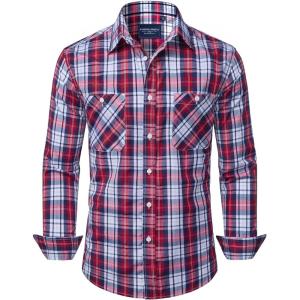 Alimens & Gentle Mens Long Sleeve Dress Shirt Button Down Shirts with Pockets Regular Business Office Casual Plaid Shirt(Red Navy Plaid)