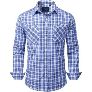 Alimens & Gentle Mens Long Sleeve Dress Shirt Button Down Shirts with Pockets Regular Business Office Casual Plaid Shirt(White Blue Plaid)