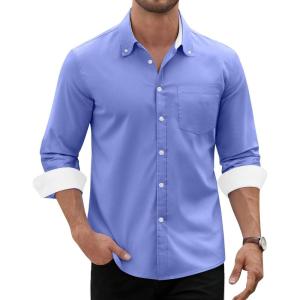 Alimens & Gentle Men’s Oxford Shirt Long Sleeve Button Down Shirt Casual Stretch Wedding Dress Shirt with Pocket(Blue)