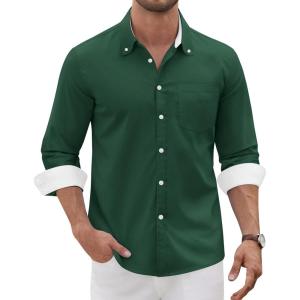 Alimens & Gentle Men’s Oxford Shirt Long Sleeve Button Down Shirt Casual Stretch Wedding Dress Shirt with Pocket(Green)