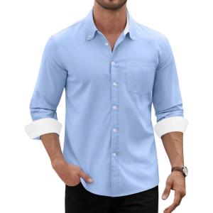 Alimens & Gentle Men’s Oxford Shirt Long Sleeve Button Down Shirt Casual Stretch Wedding Dress Shirt with Pocket(Light Blue)