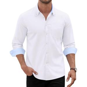 Alimens & Gentle Men’s Oxford Shirt Long Sleeve Button Down Shirt Casual Stretch Wedding Dress Shirt with Pocket(White)