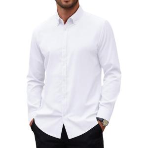 Alimens & Gentle Mens Oxford Shirts Stretch Long Sleeve Dress Shirt for Men Casual Business Work Solid Button Down Shirts(White)