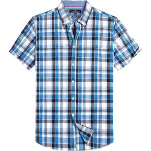 Alimens & Gentle Mens Plaid Short Sleeve Button Down Shirts Cotton Regular Fit Casual Gingham Shirts(Black Blue Plaid)