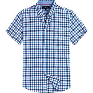 Alimens & Gentle Mens Plaid Short Sleeve Button Down Shirts Cotton Regular Fit Casual Gingham Shirts(Blue Navy Check)